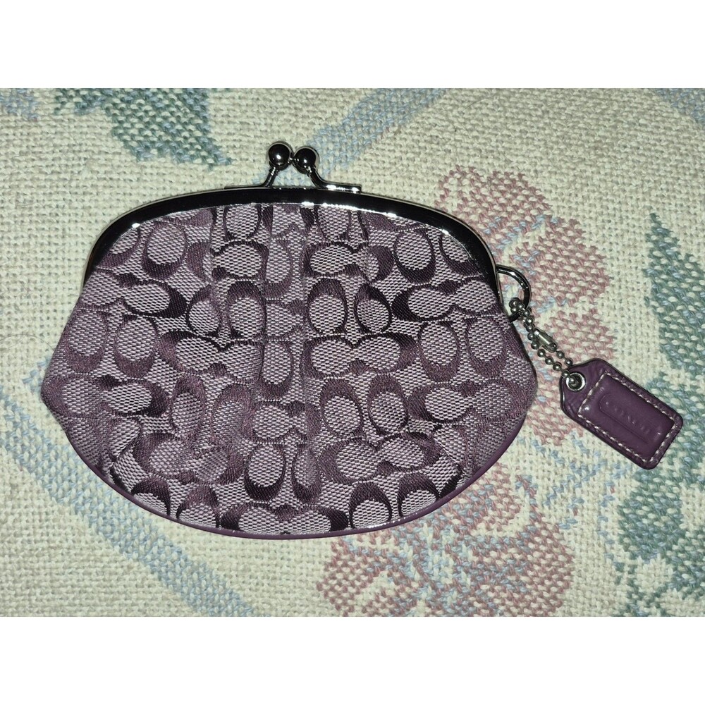 Vintage Coach Purple Kisslock Coin Wallet Logo Pattern Clasp Closure EUC